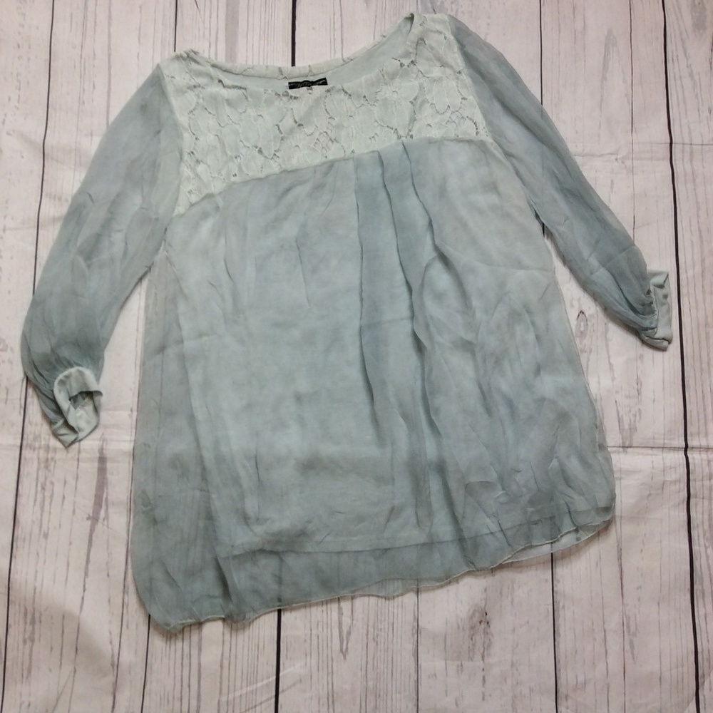 H Trend Silk Lace Pullover Blouse Size L 3/4 Sleeves Italy Blue NWT
